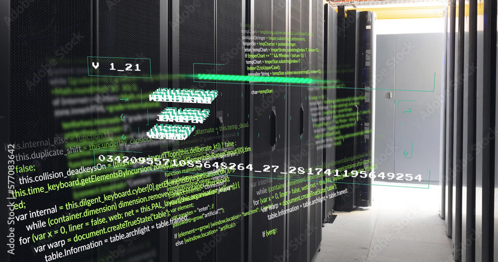 Image of data processing and keyboard over server room Image of data processing and keyboard over server room