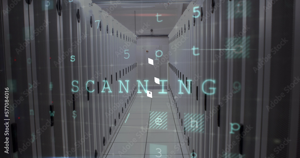 Image of data processing and keyboard over server room Image of data processing and keyboard over server room