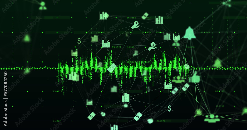 Image of globe with network of connections with icons on black background Image of globe with network of connections with icons on black background
