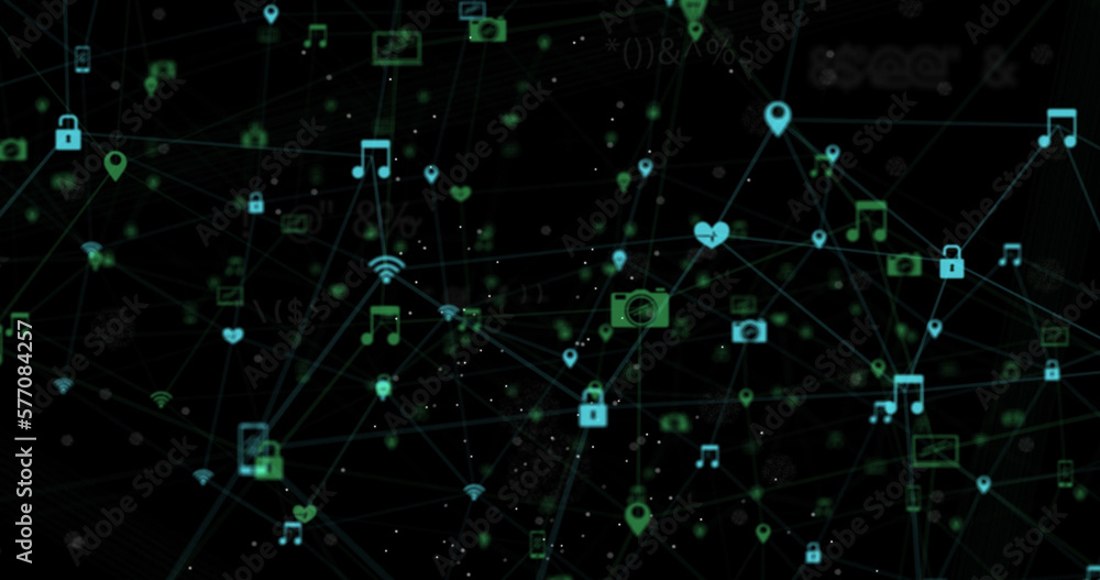 Image of globe of network of connections with icons and symbols