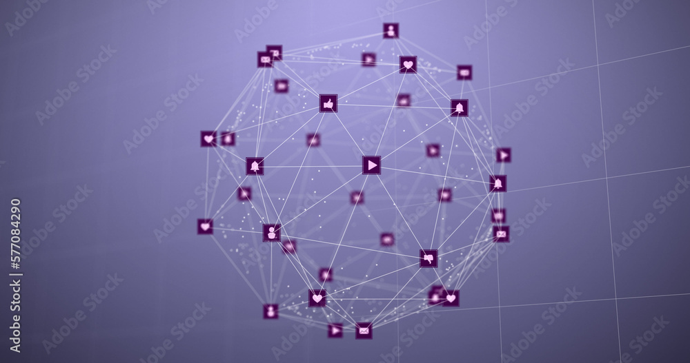 Image of network of connections with icons and numbers on violet background