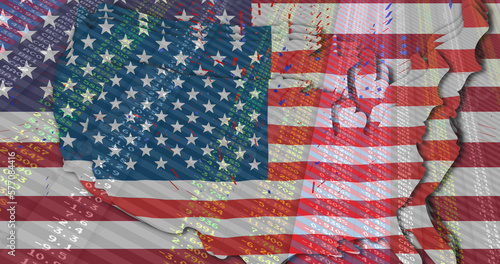Image of financial data processing over flags of united states of america