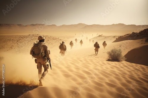 Soldiers squad with fully equipped and armed in a military operation in the scorching desert  generative AI