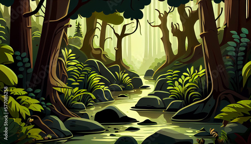 Cartoon Illustration a dense forest with a stream, generative Ai © peakfinder