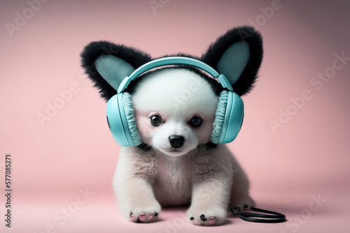 Generative ai illustration puppy dog listening music headphones