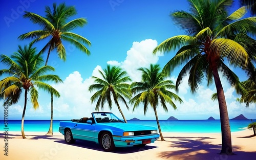 Retro car from the 90 s with a view of the ocean and palm trees  travel concept  vacations  vacation  polaroid effect  generative ai 