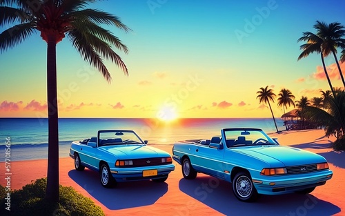 Retro car from the 90's with a view of the ocean and palm trees, travel concept, vacations, vacation, polaroid effect, generative ai  © AndErsoN