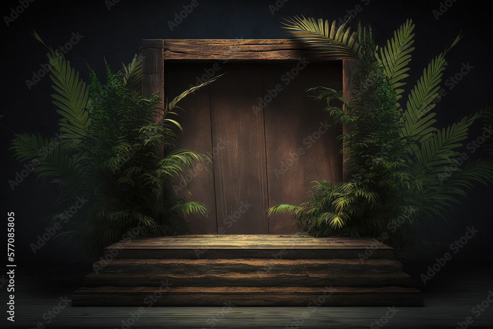 Wooden podium with palm leaves for product presentation. Mockup wood pedestal. Created with Generative AI technology. Wooden podium with palm leaves for product presentation. Mockup wood pedestal. Created with Generative AI technology.