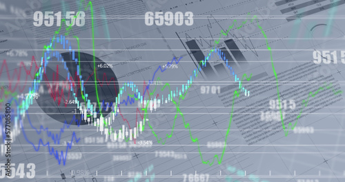 Image of graphs and financial data over grey background