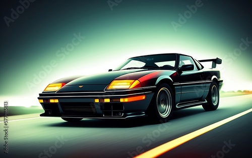 Sparky retro car of the 90s in motion, neon light, Polaroid effect, generative ai  © AndErsoN