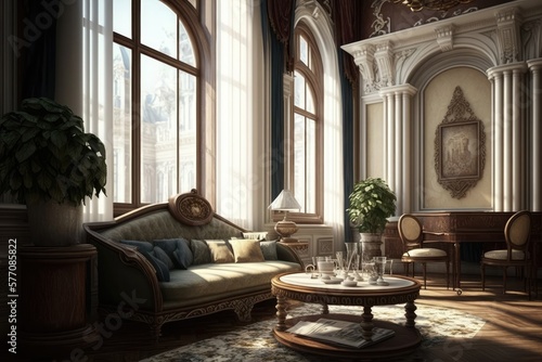 Luxury living room interior with high ceilings  ornate moldings  and large windows surrounded by opulence and extravagance furniture  AI generated