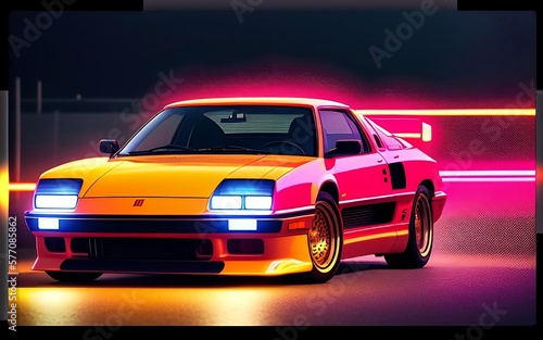 Sparky retro car of the 90s in motion  neon light  Polaroid effect  generative ai 