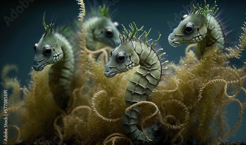  a group of seahorses sitting on top of seaweed.  generative ai © Olga