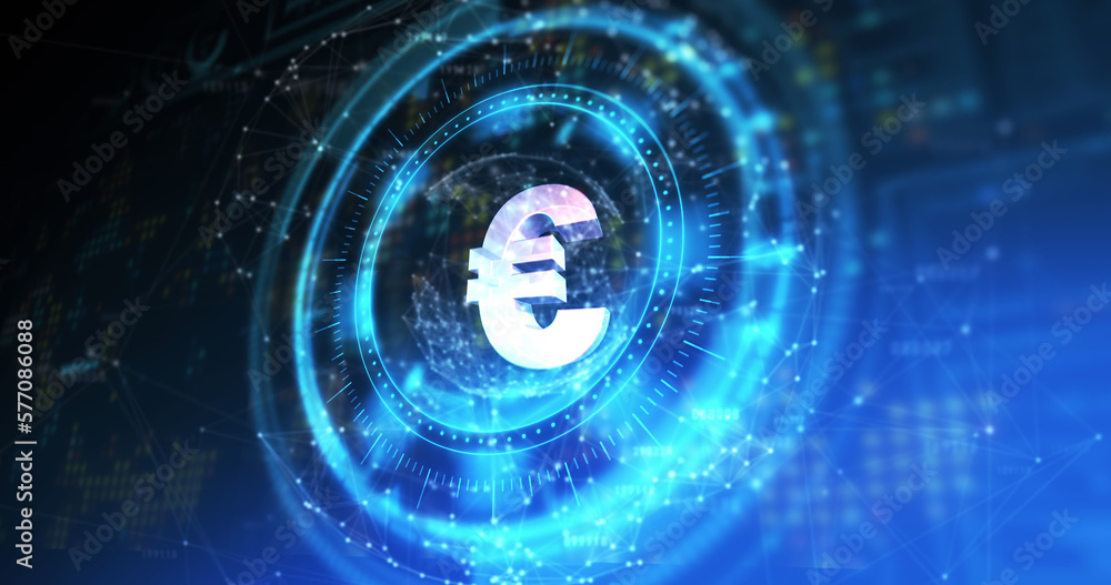 Obraz premium Image of processing circle with rotating euro over blue and black digital space