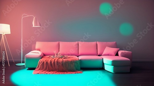 Interior design of the 90's, living room design with Polaroid effect, generative ai	