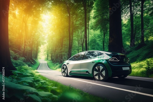 EV (Electric Vehicle) electric car is driving on a winding road that runs through a verdant forest and mountains. Clean Energy, Nature Scene, AI generated