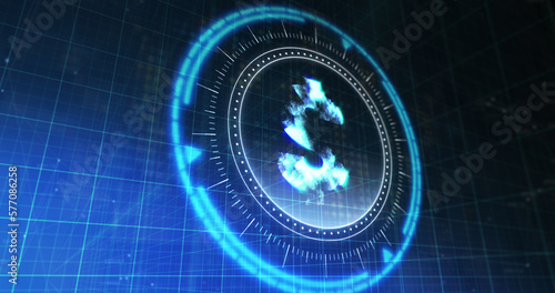 Image of processing circle with rotating dollar over blue and black digital space