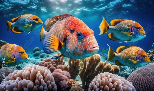  a group of fish swimming over a coral reef in the ocean. generative ai