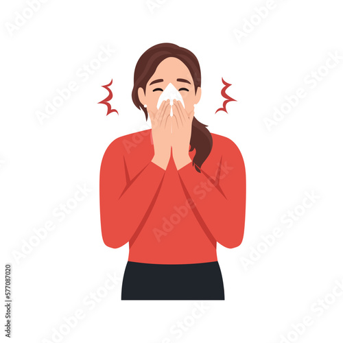 Female character sneezing, coughing in tissue. Prevention against virus, infection. Sick woman sneeze in handkerchief to prevent germs from flying from her mouth.
