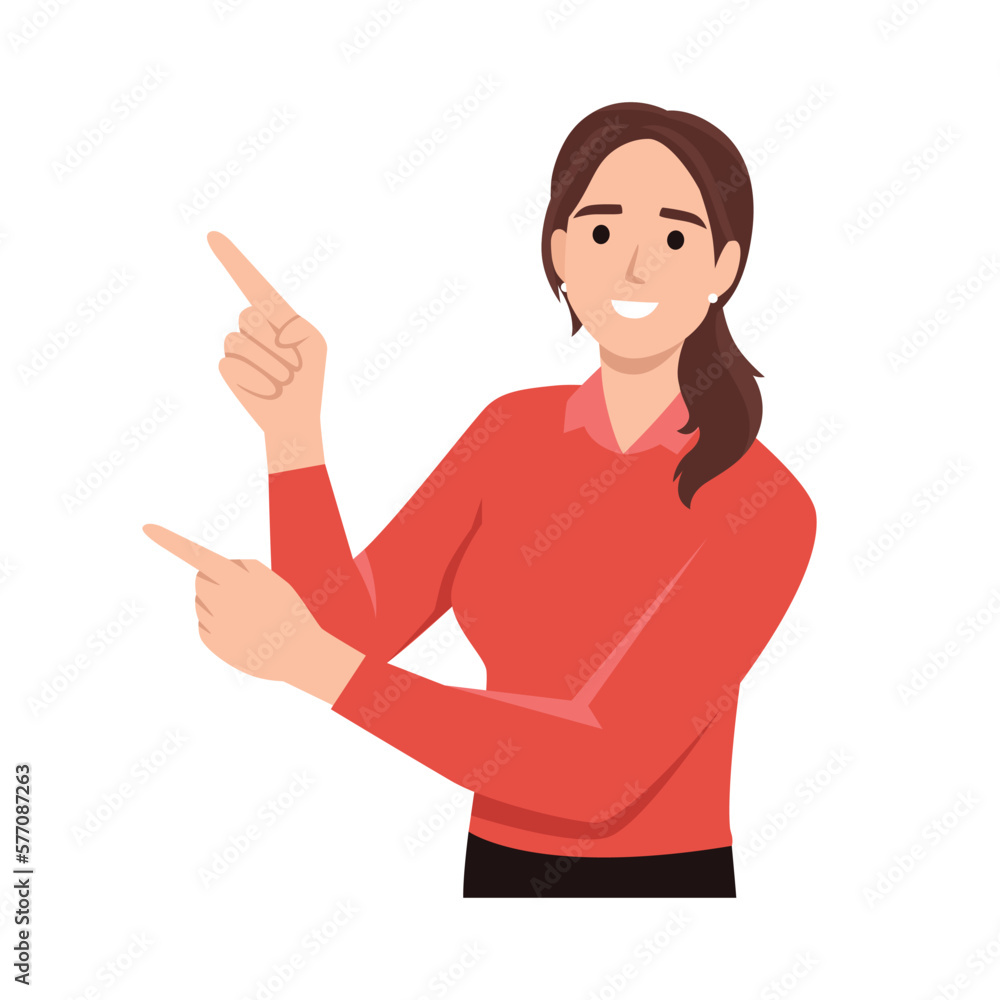 Woman hand pointing finger at left up corner with happy expression and advices use this copy space Woman hand pointing finger at left up corner with happy expression and advices use this copy space
