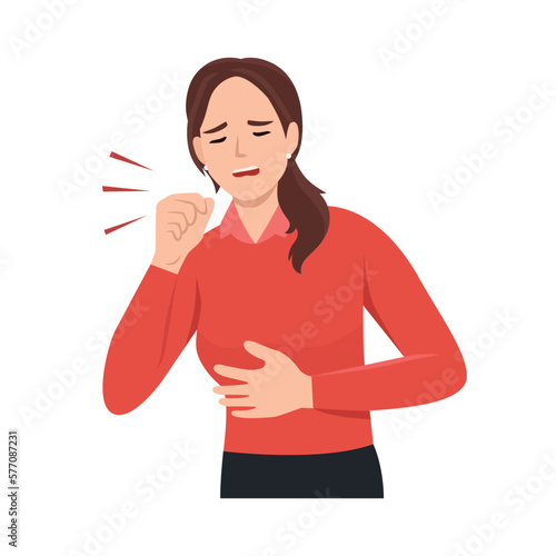 Illustration of young teenager girl coughing with fist in front of mouth