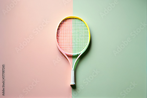 Generative AI minimalist image of a tennis racket on a pastel, green and pink background © quemirasbobo