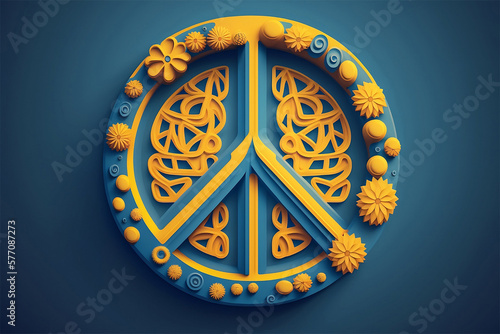 Peace sign in Ukrainian flag blue and yellow colours with flowers. Generative AI