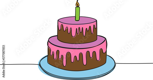 colored continuous single line drawing of birthday cake with candle on top, line art vector illustration