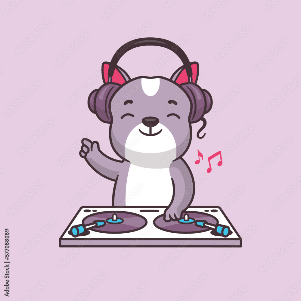 Fototapeta premium Dog DJ. Cute French Bulldog puppy mixing music on a turntable vector cartoon illustration