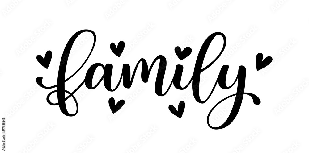 FAMILY text with hearts. Motivation quote. Family word. Hand lettering typography poster. Vector illustration. Calligraphy text on white background. Design print for t shirt, tee, poster, banner, card FAMILY text with hearts. Motivation quote. Family word. Hand lettering typography poster. Vector illustration. Calligraphy text on white background. Design print for t shirt, tee, poster, banner, card