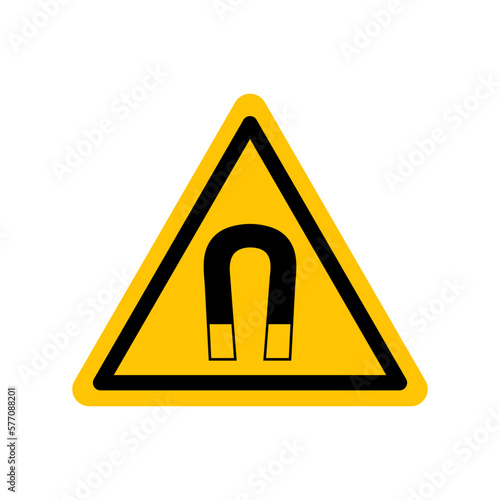 Magnetic field sign. Black danger icon on yellow triangle symbol. Vector illustration of magnet. Hazard symbol. Danger pictogram, warning sign icon. Informing about different risk and caution.