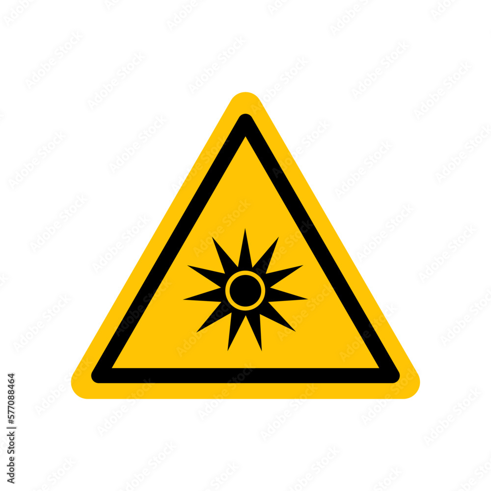 Optical radiation sign. Black danger icon on yellow triangle symbol. Vector illustration, hazard symbol. Danger pictogram, warning sign icon. Informing about different risk and caution. Optical radiation sign. Black danger icon on yellow triangle symbol. Vector illustration, hazard symbol. Danger pictogram, warning sign icon. Informing about different risk and caution.