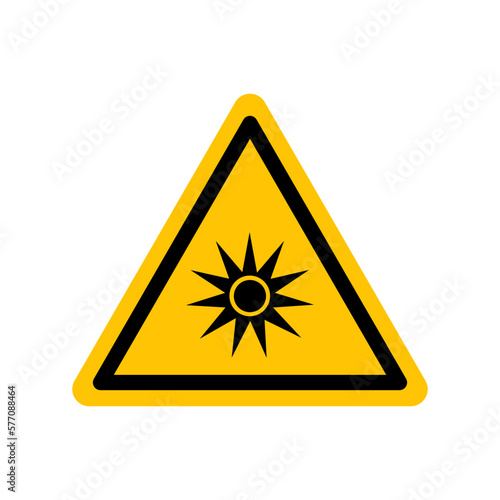 Optical radiation sign. Black danger icon on yellow triangle symbol. Vector illustration, hazard symbol. Danger pictogram, warning sign icon. Informing about different risk and caution.
