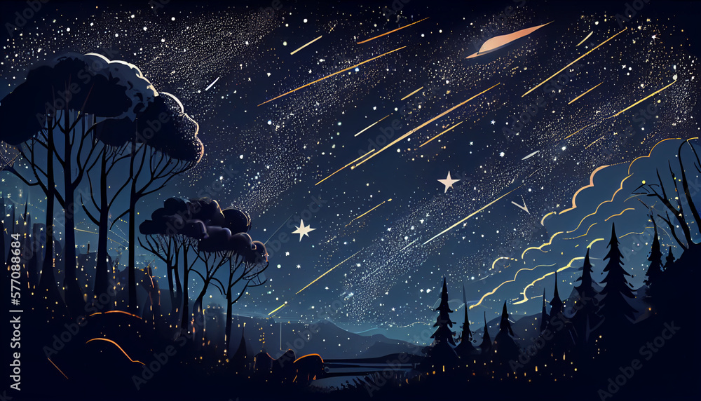 Cartoon illustration of a starry night sky, generative Ai Stock
