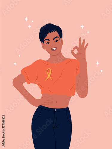 Endometriosis Awareness Ribbon. World endometriosis awareness day. An African American woman and a symbol of women's health.Vector flat illustration.