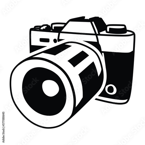 square camera logo, facing left, large lens, black and white vector