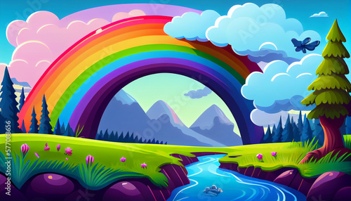 Cartoon illustration of a rainbow after a rainstorm  Generative Ai 