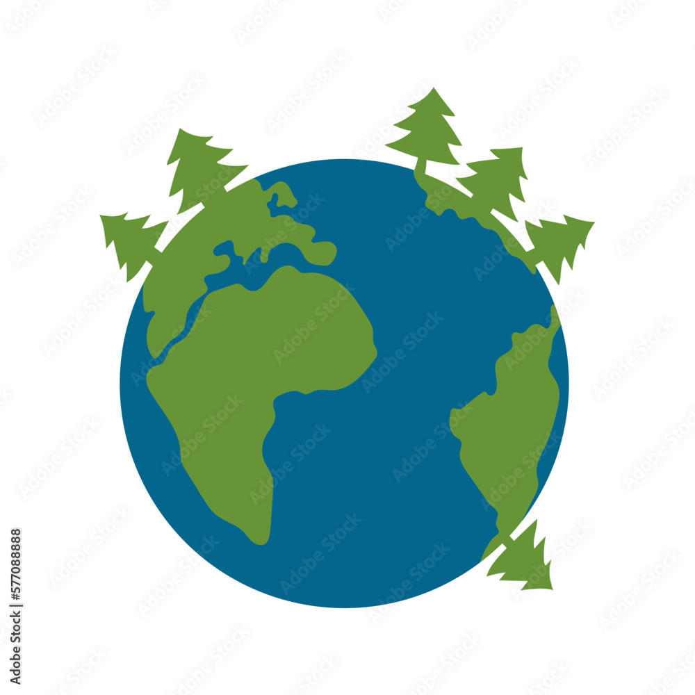 International Day of Forests. An environmental problem. Climate change, world pollution. Earth Day natural concept, forest day. Earth Day vector illustration. Earth Planet with green trees.