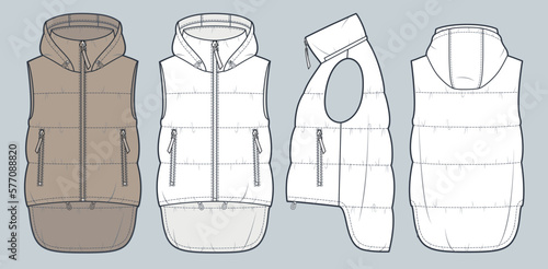Hooded sleeveless Jacket technical fashion Illustration. Vest Puffer Jacket technical drawing template, pocket, asymmetrical hem, front, side, back view, white, gray, women, men, unisex CAD mockup set