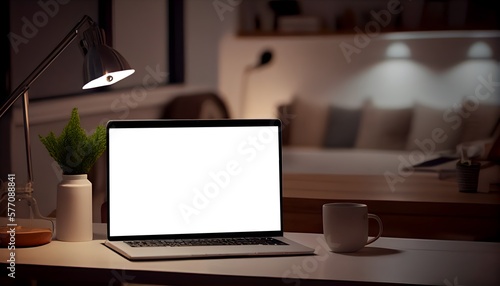 Wallpaper Mural Workspace tabletop close-up with laptop mockup and decor over blurred cozy living room at night. Generative AI. Torontodigital.ca