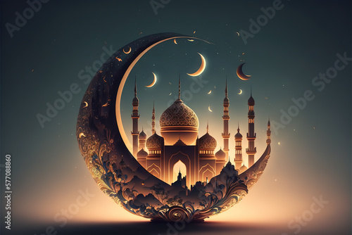 Islamic greeting Eid Mubarak cards for Muslim Holidays.Edi-UL-Adha festival celebration.Arabic Ramadan Lantern and Eid al Fitr Generative AI 