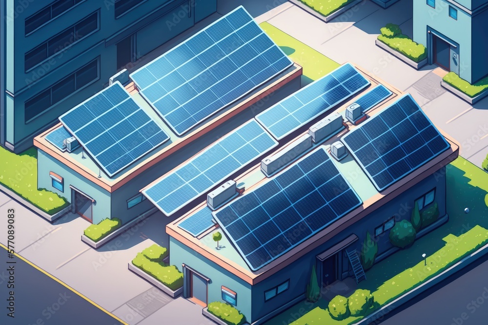 Aerial view of blue photovoltaic solar panels installed on the roof of a building to generate eco friendly electricity. Generation of sustainable power source. Generative AI