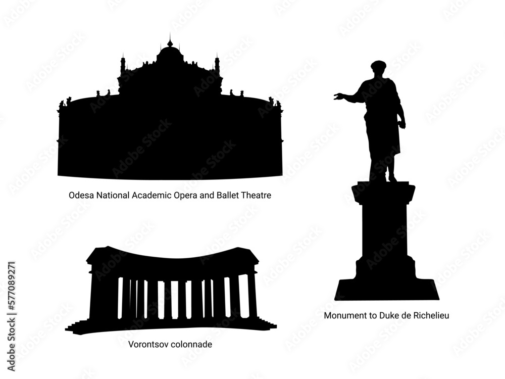 Odessa city main sights in black silhouetts. Vorontsov colonnade, Monument to Duke de Richelieu, Odesa National Academic Opera and Ballet Theatre. Architectural monuments and sights of Odesa