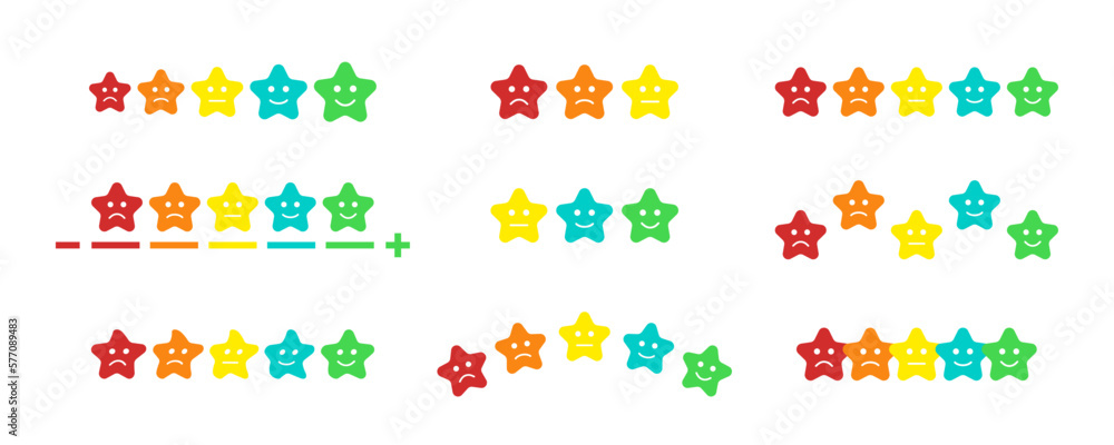 Fototapeta premium Rating scale. Cute rainbow colored emotional stars. Set of colorful flat icons. Sad and happy mood, vote scale set. Scale of satisfaction, mood faces. Survey, customer emotion feedback.