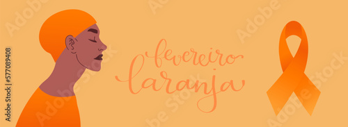 Orange February in portuguese Fevereiro Laranja, Brazil campaign for leukemia awareness banner. Handwritten calligraphy lettering vector