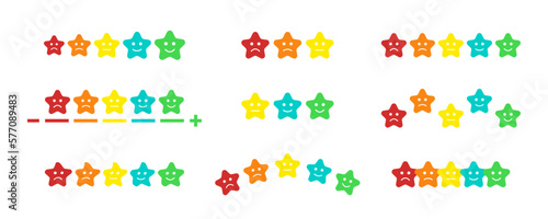 Rating scale. Cute rainbow colored emotional stars. Set of colorful flat icons. Sad and happy mood, vote scale set. Scale of satisfaction, mood faces. Survey, customer emotion feedback.