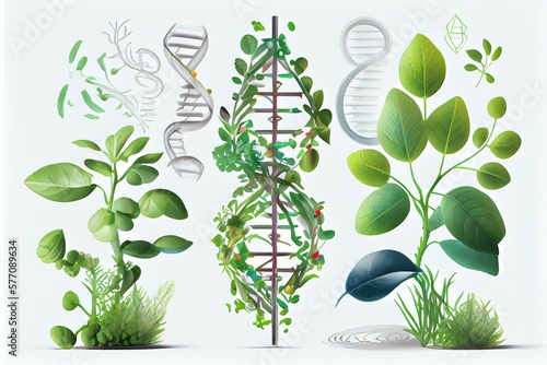Biology Laboratory Nature And Science, Plant And Environmental Study, Dna, Gene Therapy, And Plants With Biochemistry Structures On White Backgrounds. Generative AI