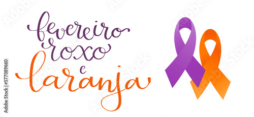 Purple and Orange February in portuguese Fevereiro Roxo e Laranja, Brazil campaign for fibromyalgia, lupus, alzheimers and leukemia awareness banner. Handwritten calligraphy lettering