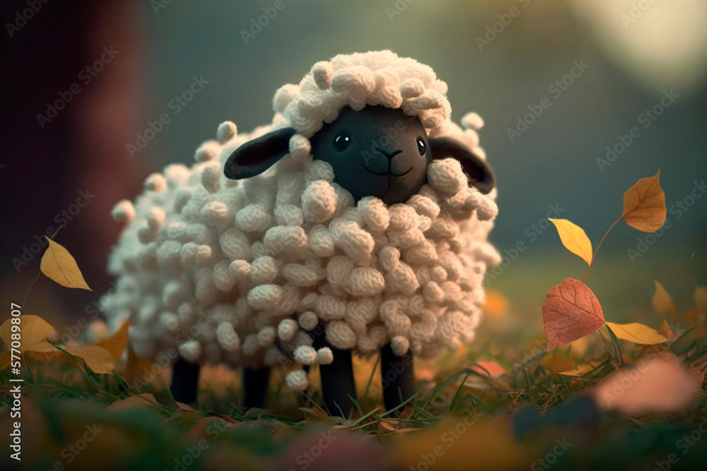 Obraz premium Cheerful Sheep Amongst Autumn Leaves in a Sunny Forest