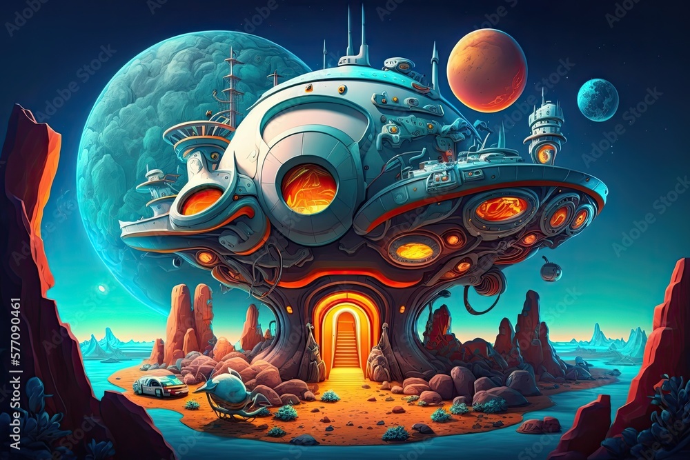 Science fiction universe. Imaginary, non material place where fiction takes place. vibrant scenery. Generative AI Science fiction universe. Imaginary, non material place where fiction takes place. vibrant scenery. Generative AI